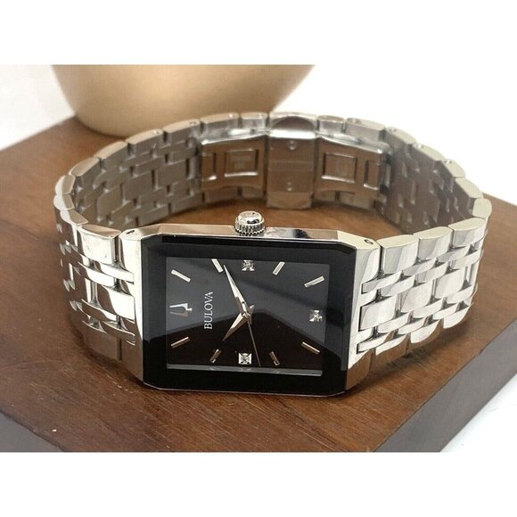 Bulova Men's Watch 96D145 Quartz Diamond Black Dial Rectangle Silver Ste… - Picture 7 of 13